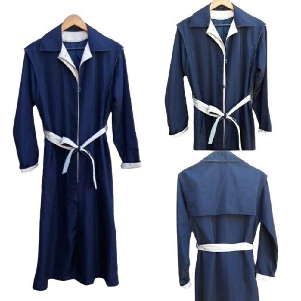 Vtg 80's Womens 6L Trench Coat Long Belted Sailor Back Color Block‎ Black Cream